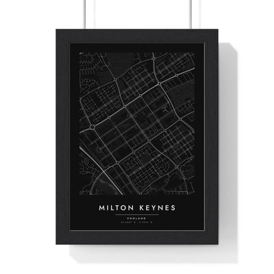Milton Keynes street map poster in black, minimal city map print framed in a black frame
