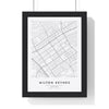 Milton Keynes street map poster in white, minimal city map print framed in a black frame