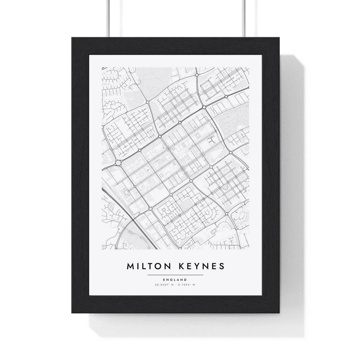 Milton Keynes street map poster in white, minimal city map print framed in a black frame