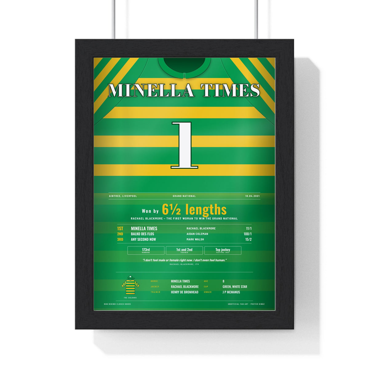 Minella Times Grand National 2021 Horse Racing Poster - Rachael Blackmore Silks Print framed in a black frame, ready to hang
