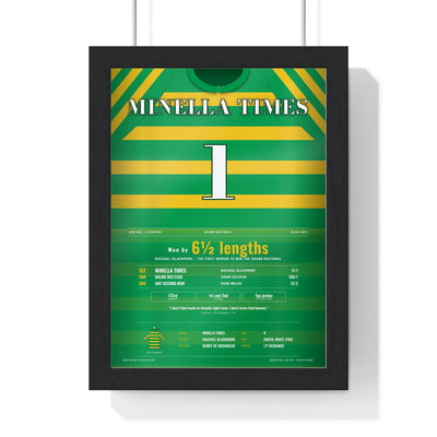 Minella Times Grand National 2021 Horse Racing Poster - Rachael Blackmore Silks Print framed in a black frame, ready to hang
