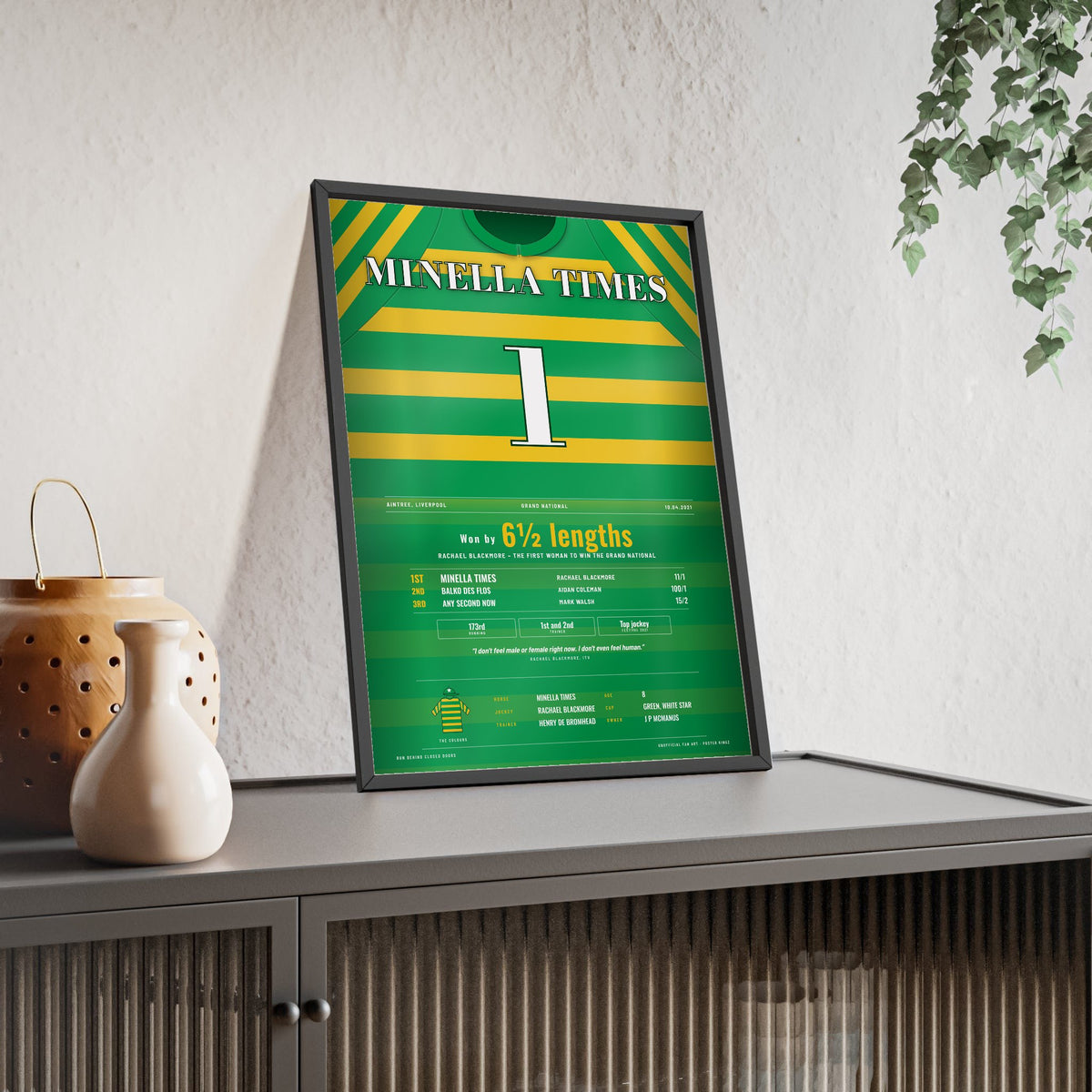 Minella Times Grand National 2021 Horse Racing Poster - Rachael Blackmore Silks Print framed and leaning on a sideboard