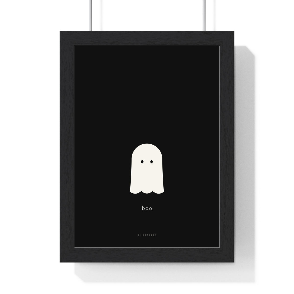 Minimal Ghost Print - framed minimal white ghost on black with the word boo