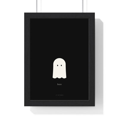 Minimal Ghost Print - framed minimal white ghost on black with the word boo