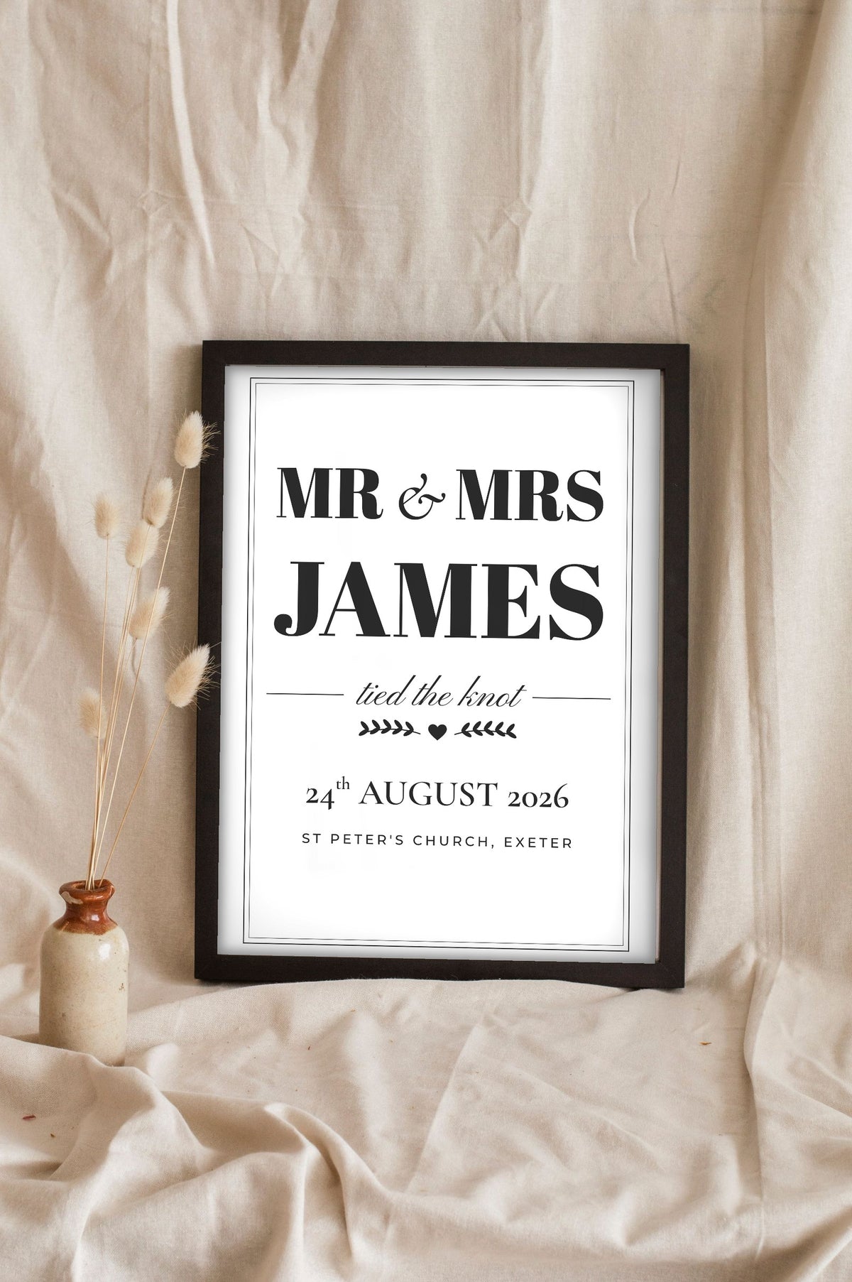 Personalised Mr & Mrs Print - Lifestyle - leaning in a frame with dried flowers