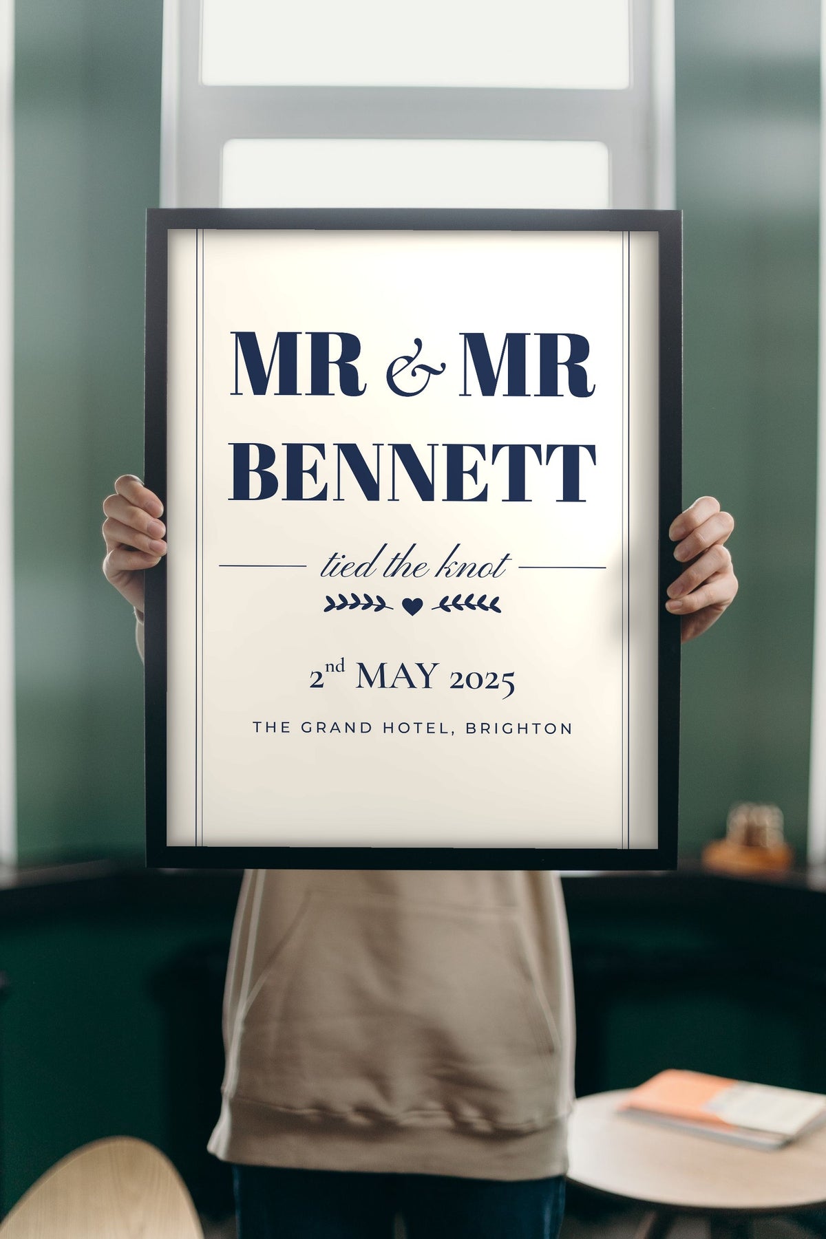 Personalised Mr & Mrs Print - Lifestyle - held up in a bright room
