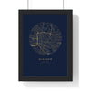 Personalised Coordinates Map Print - framed navy and gold circle map