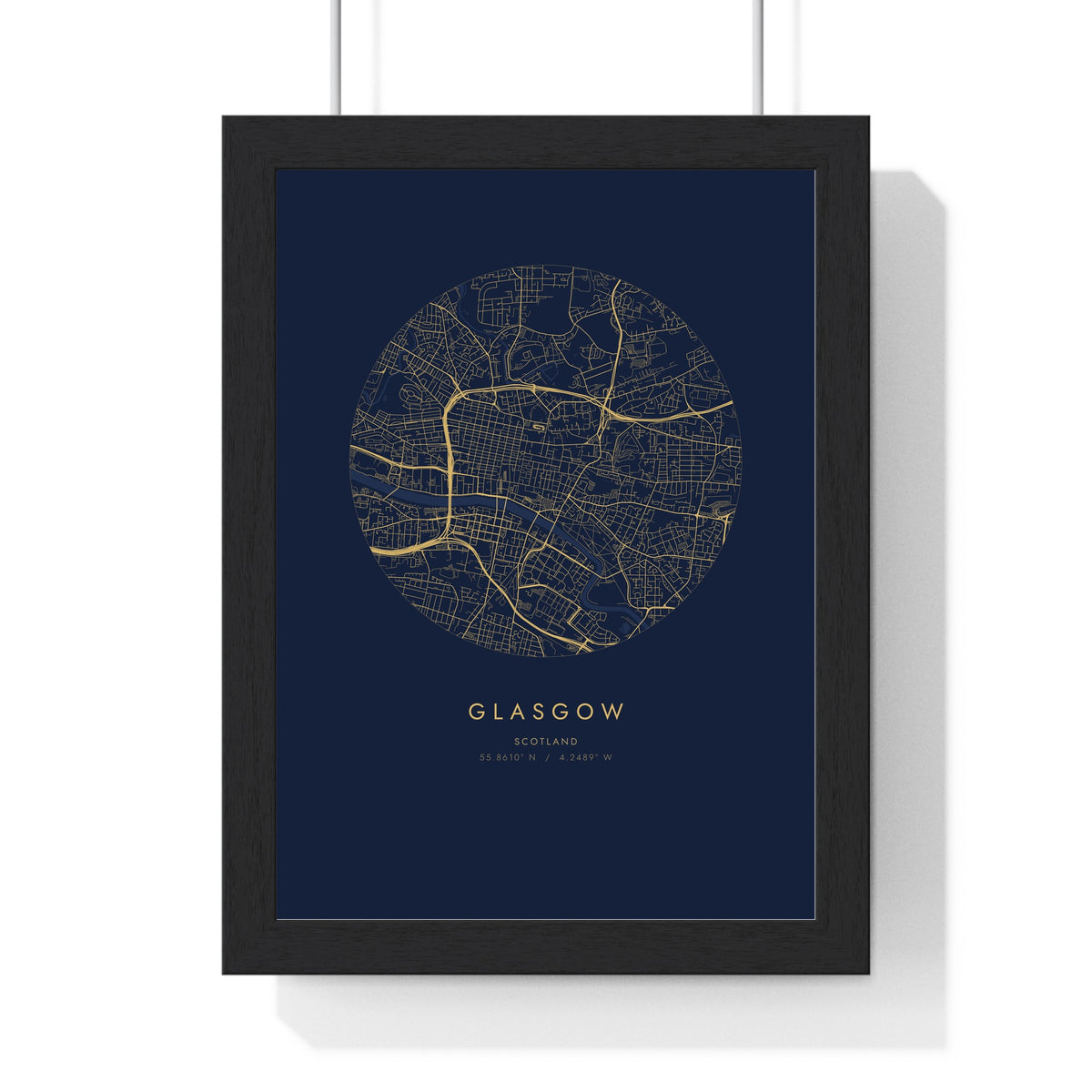 Personalised Coordinates Map Print - framed navy and gold circle map
