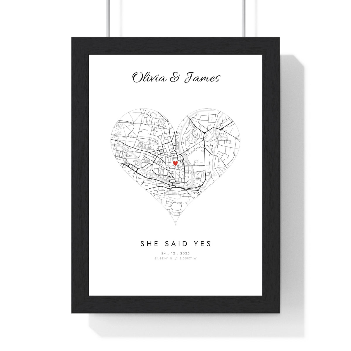 Personalised Engagement Map Print - framed white heart engagement map