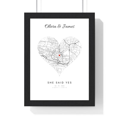 Personalised Engagement Map Print - framed white heart engagement map