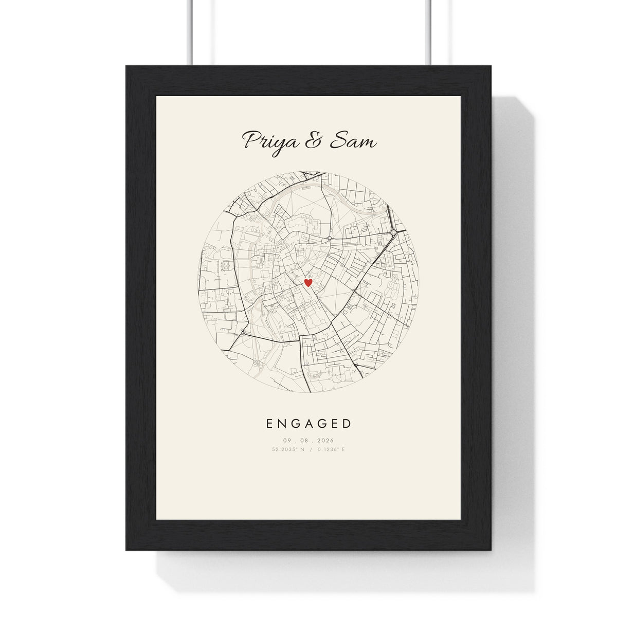 Personalised Engagement Map Print - framed cream circle map