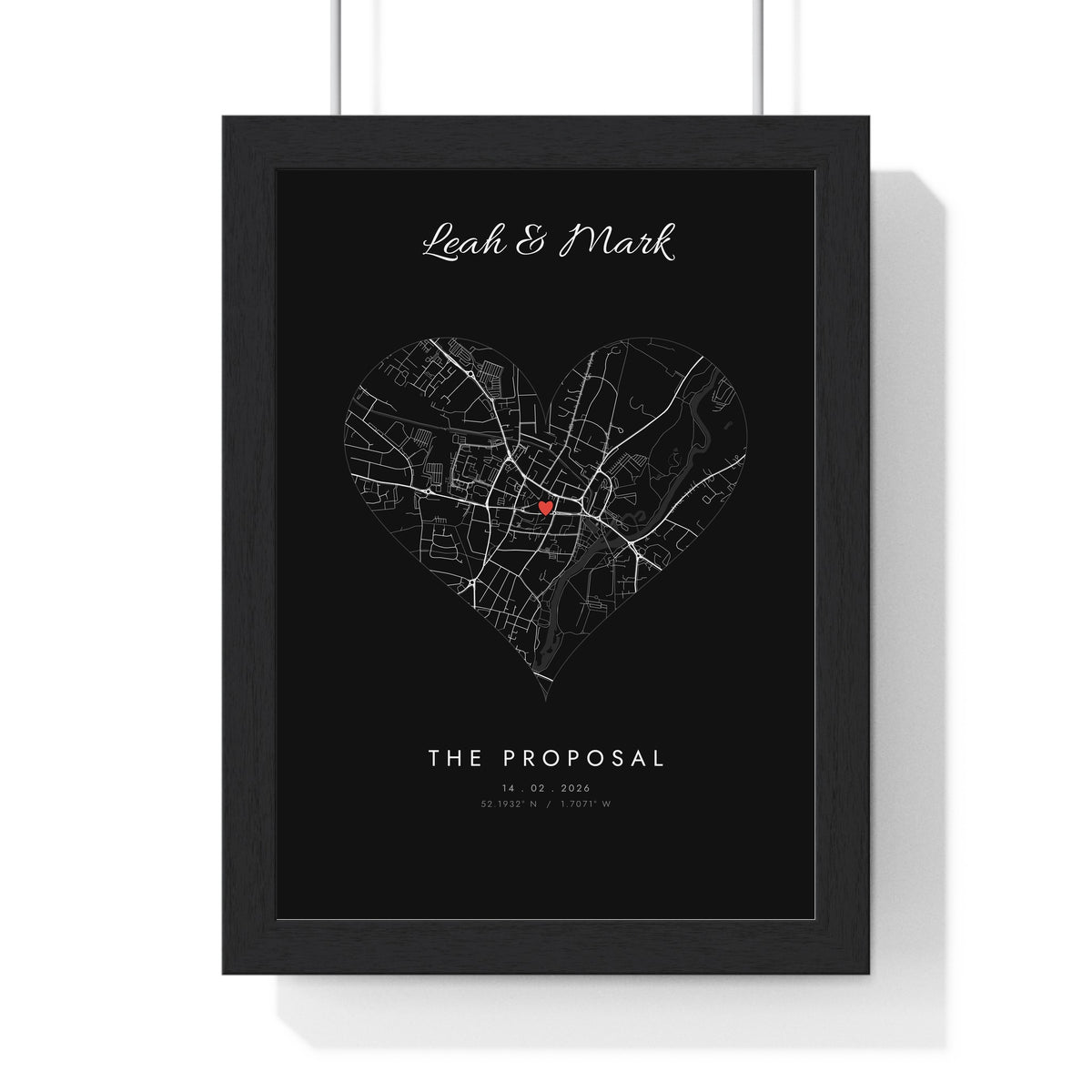 Personalised Engagement Map Print - framed black heart version