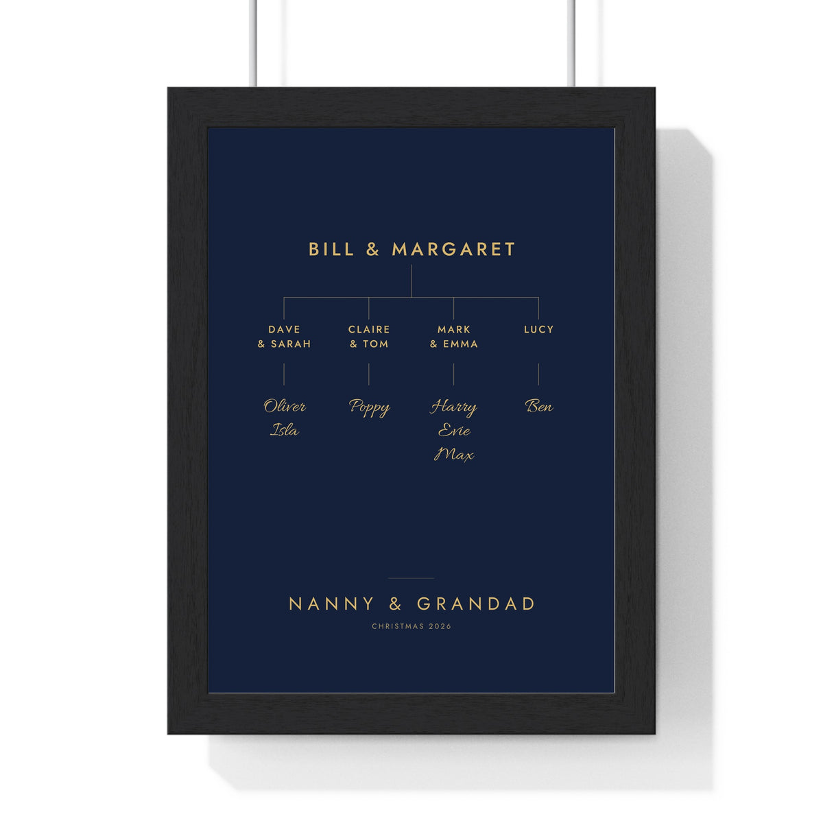 Personalised Family Tree Print - framed navy and gold Nanny and Grandad tree