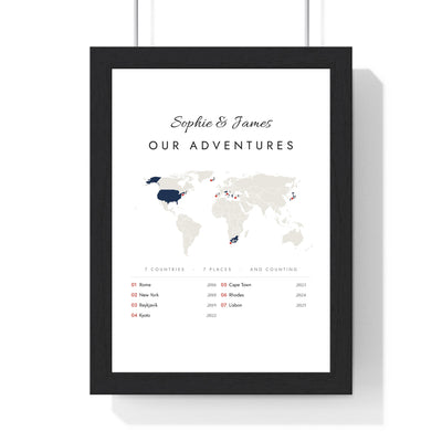 Personalised Travel Map Print - framed white Our Adventures world map