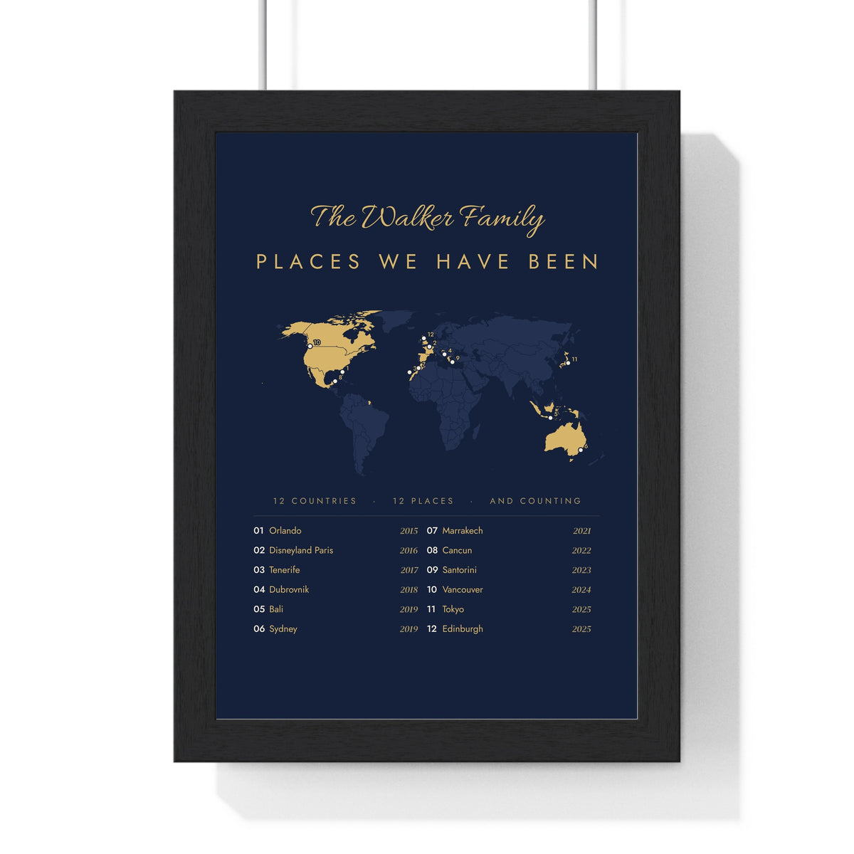 Personalised Travel Map Print - framed navy and gold map