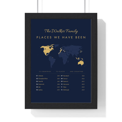 Personalised Travel Map Print - framed navy and gold map