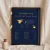 Personalised Travel Map Print - navy and gold family travel map