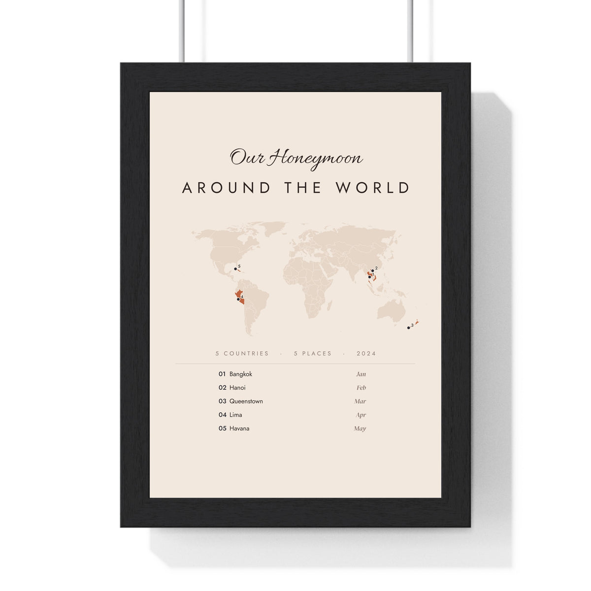 Personalised Travel Map Print - framed terracotta honeymoon map