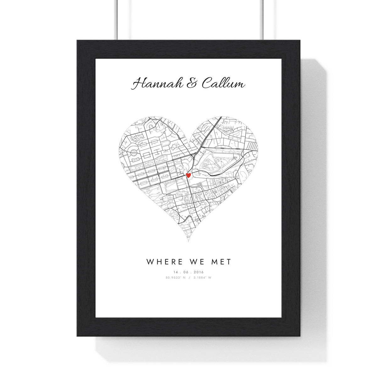 Personalised Where We Met Map Print - framed white heart map