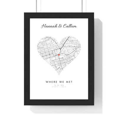 Personalised Where We Met Map Print - framed white heart map