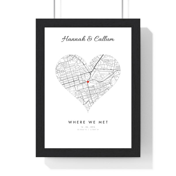 Personalised Where We Met Map Print - framed white heart map
