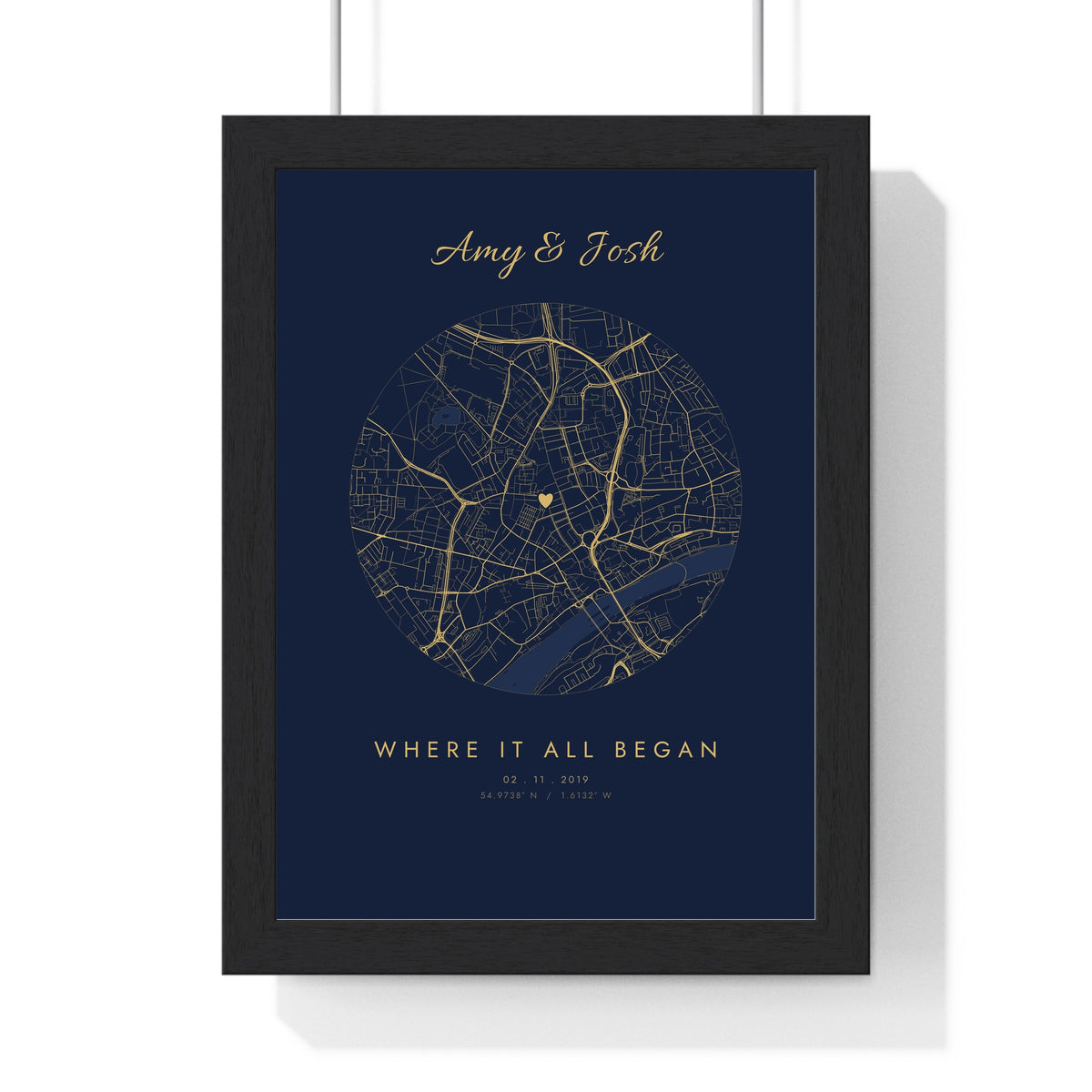 Personalised Where We Met Map Print - framed navy and gold map