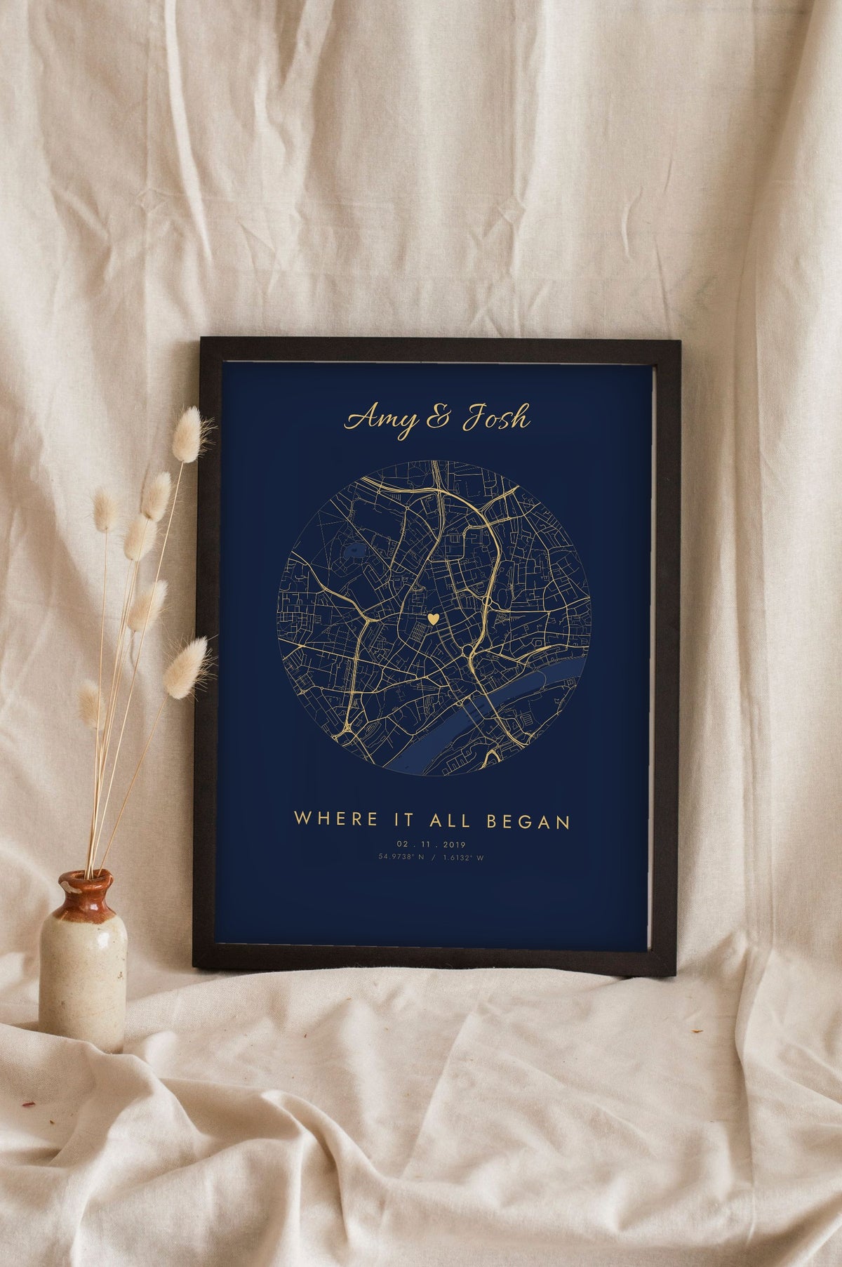 Personalised Where We Met Map Print - navy and gold circle version