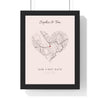 Personalised Where We Met Map Print - framed blush Our First Date heart map