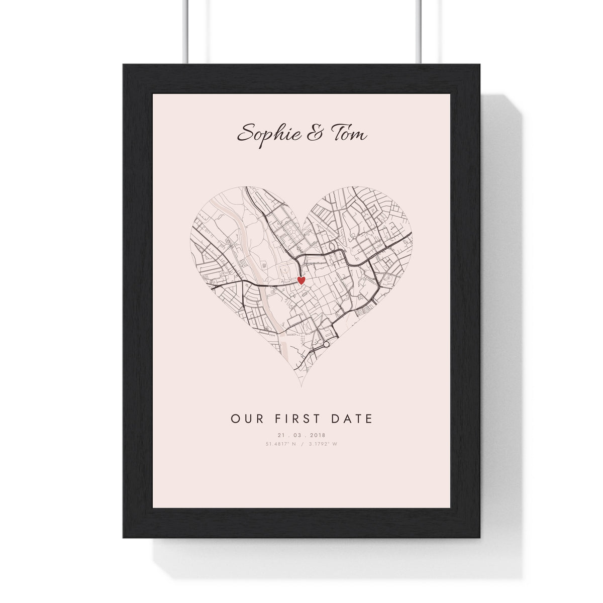 Personalised Where We Met Map Print - framed blush Our First Date heart map