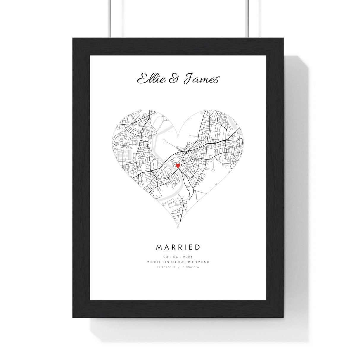 Personalised Wedding Venue Heart Map Print - framed white wedding venue heart map