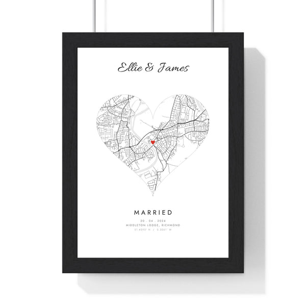 Personalised Wedding Venue Heart Map Print - framed white wedding venue heart map