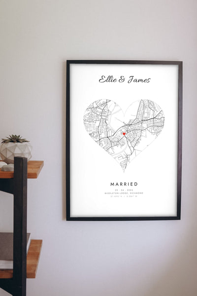 Personalised Wedding Venue Heart Map Print - on the living room wall