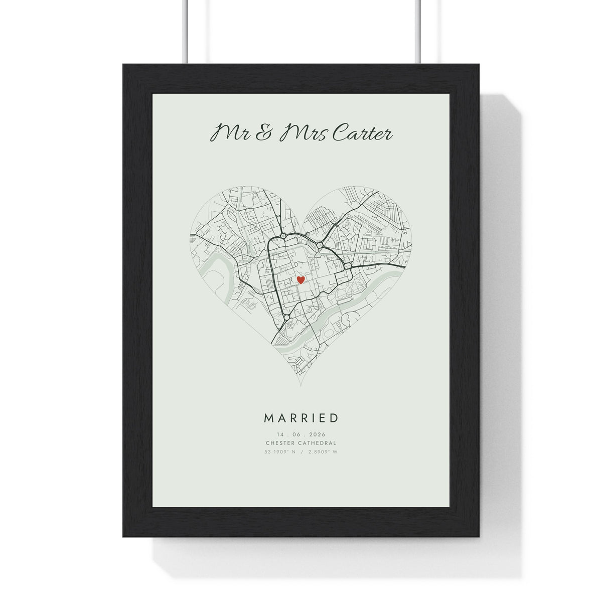 Personalised Wedding Venue Heart Map Print - framed sage heart map