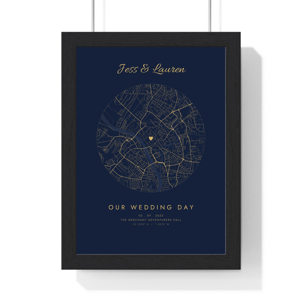 Personalised Wedding Venue Heart Map Print - framed navy and gold circle version