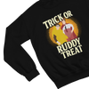 Black sweatshirt with 'Trick or Ruddy Treat' graphic design on a white background