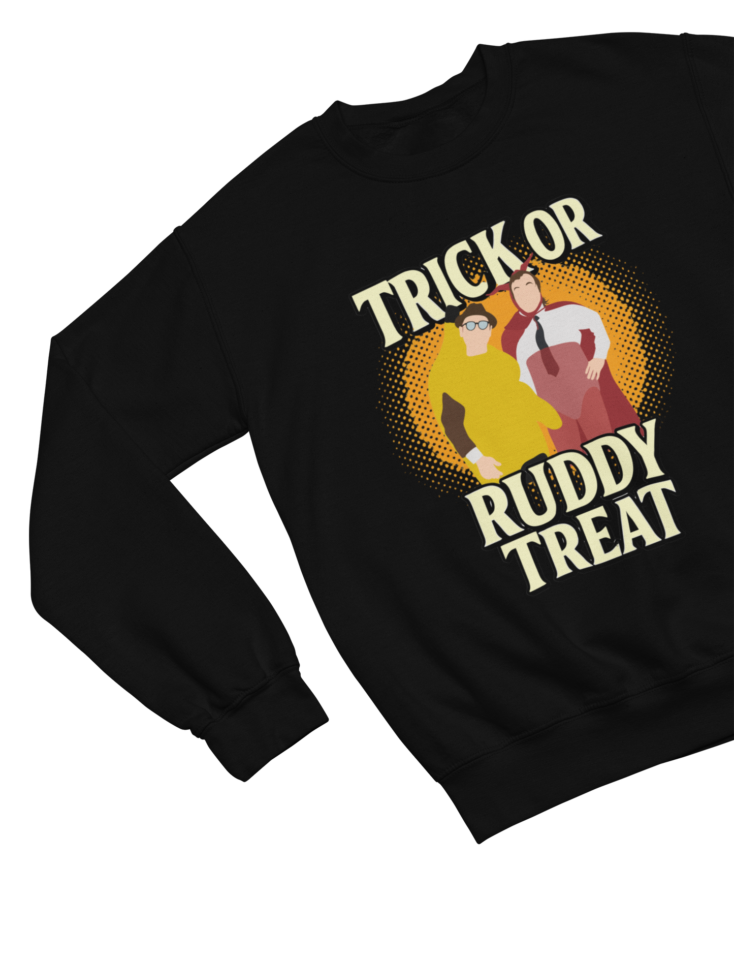 Black sweatshirt with 'Trick or Ruddy Treat' graphic design on a white background