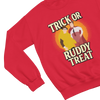 Red sweatshirt with 'Trick or Ruddy Treat' graphic design on a white background