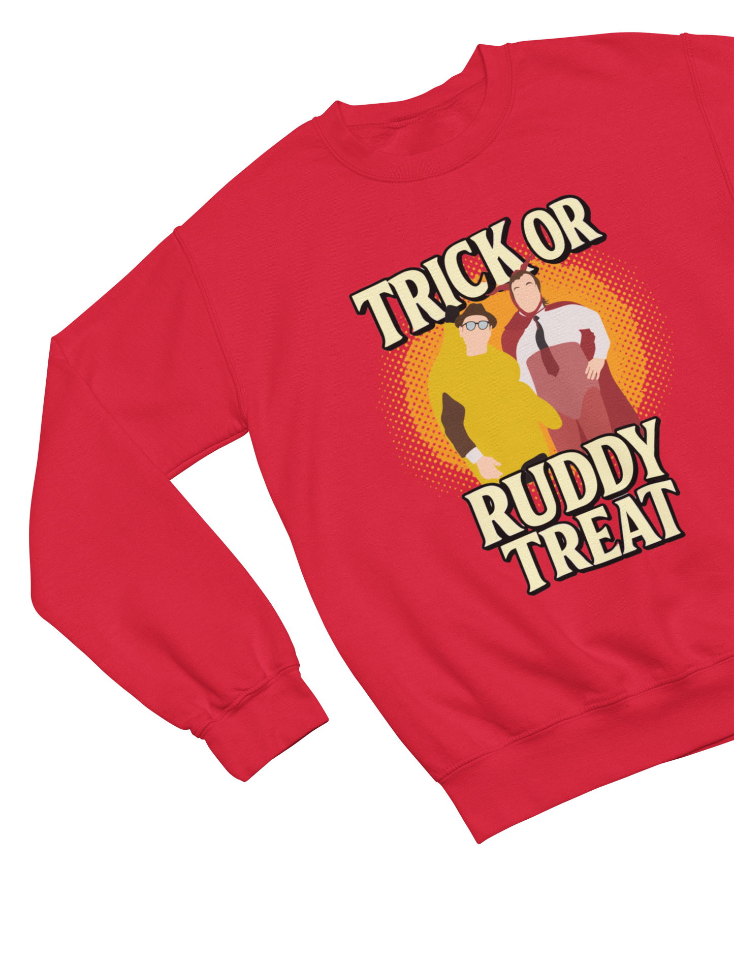 Red sweatshirt with 'Trick or Ruddy Treat' graphic design on a white background
