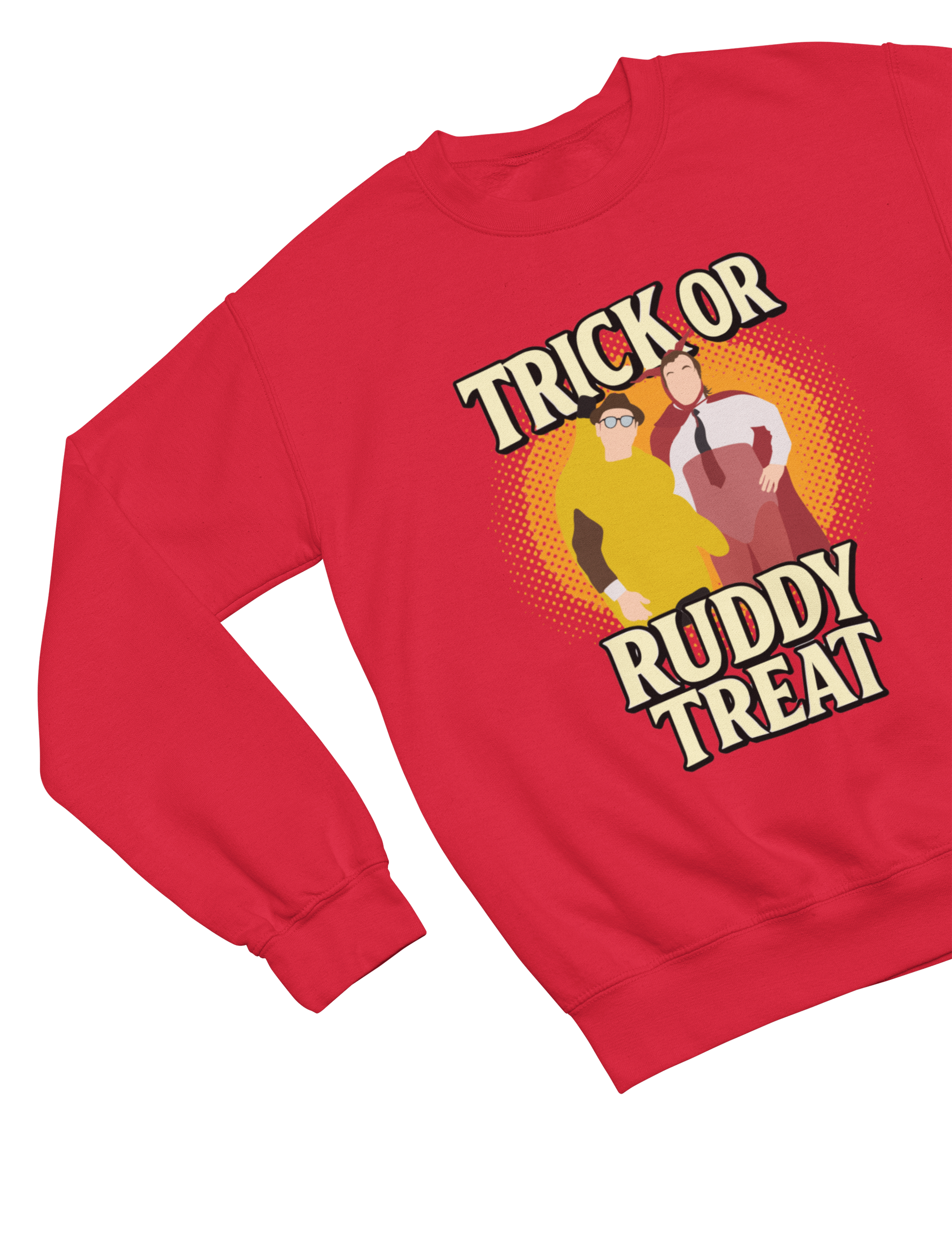 Red sweatshirt with 'Trick or Ruddy Treat' graphic design on a white background
