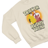 Beige sweatshirt with graphic design featuring two people and text 'Trick or Ruddy Treat' on a white background