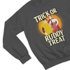 Gray sweatshirt with 'Trick or Ruddy Treat' graphic design on a white background