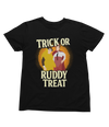 Black t-shirt with 'Trick or Ruddy Treat' graphic design on a white background