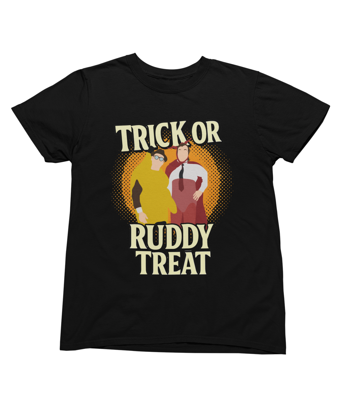 Black t-shirt with 'Trick or Ruddy Treat' graphic design on a white background