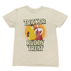 Beige t-shirt with graphic design of two people in suits and text 'Trick or Ruddy Treat' on a white background