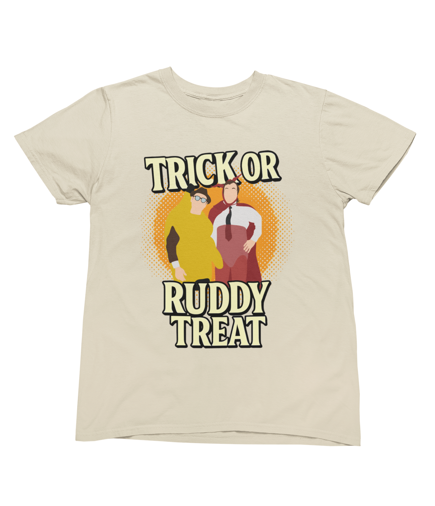 Beige t-shirt with graphic design of two people in suits and text 'Trick or Ruddy Treat' on a white background