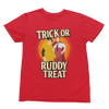 Red t-shirt with 'Trick or Ruddy Treat' graphic design on a white background