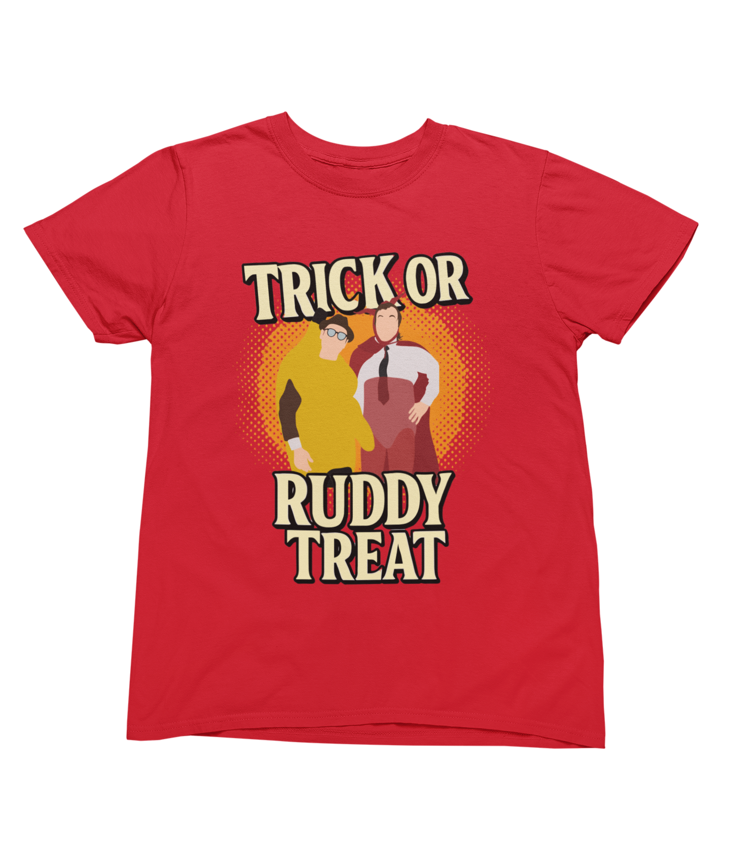Red t-shirt with 'Trick or Ruddy Treat' graphic design on a white background