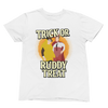 White t-shirt with 'Trick or Ruddy Treat' graphic design on a white background