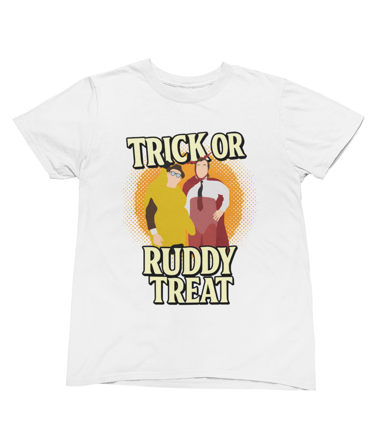 White t-shirt with 'Trick or Ruddy Treat' graphic design on a white background