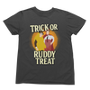Black t-shirt with 'Trick or Ruddy Treat' graphic design on a white background